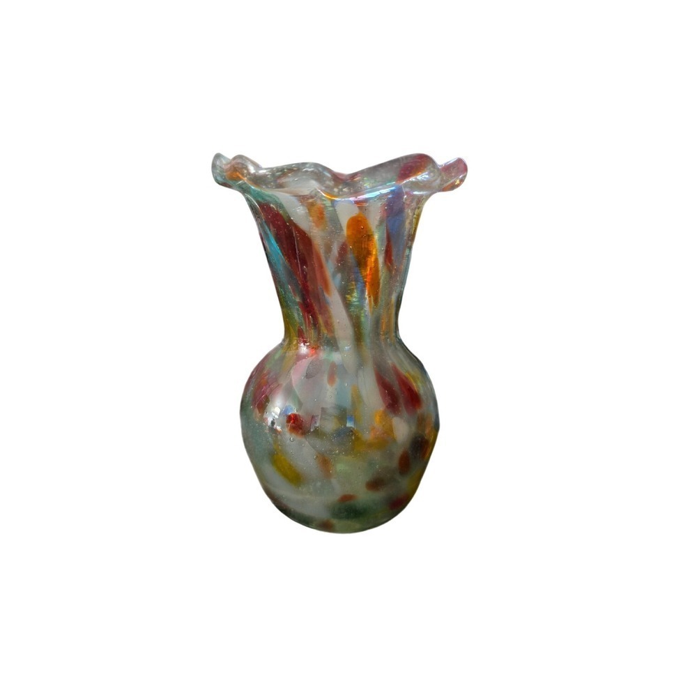 Hand Blown Art Glass Confetti Bud Vase Ruffled Rim Multi Color Iridescent 4.5"